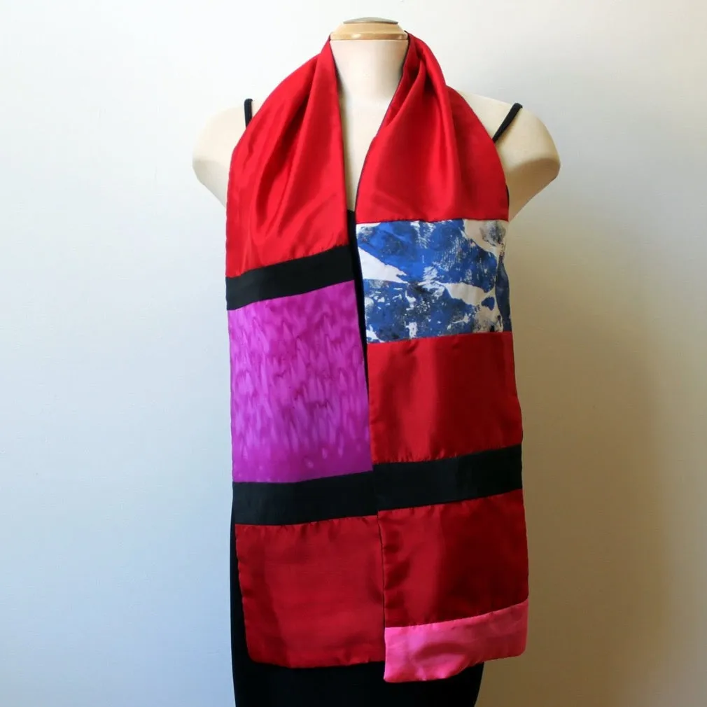 Hand Painted Silk Red Pieced Scarf, 64" x7.5" double silk