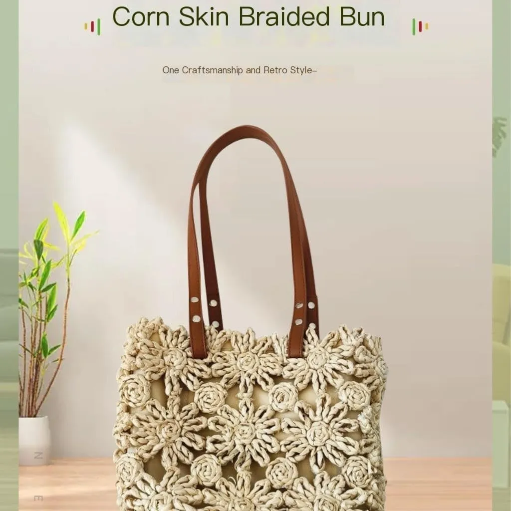 Handbag New Hand-Woven Straw Bag Hollow Bucket Bag Corn Husk Braid Sewn Handbag in Stock Straw Bags Handbag(Beige)