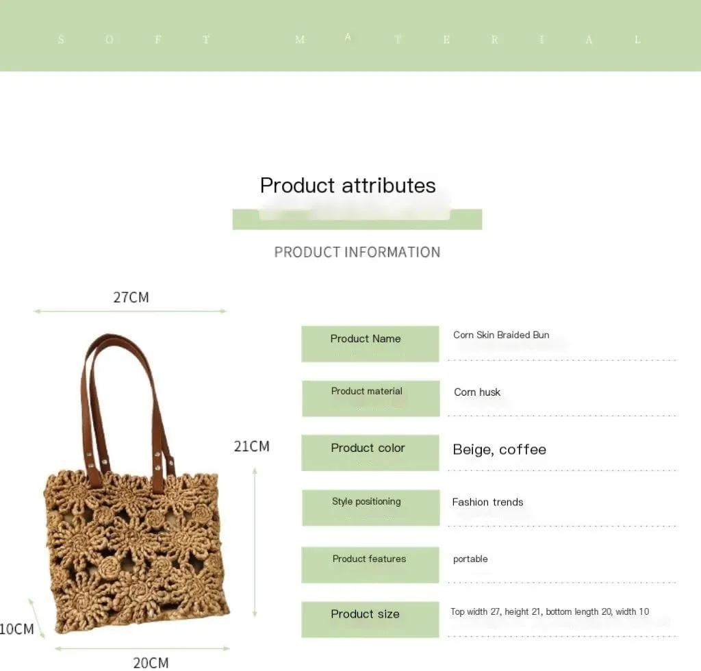 Handbag New Hand-Woven Straw Bag Hollow Bucket Bag Corn Husk Braid Sewn Handbag in Stock Straw Bags Handbag(Beige)