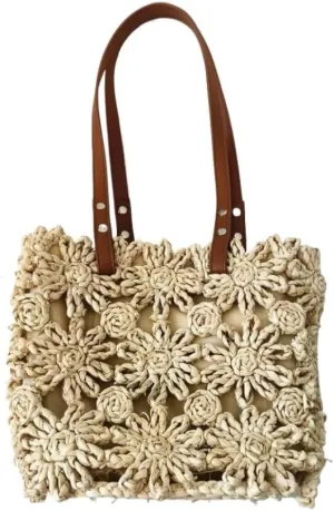 Handbag New Hand-Woven Straw Bag Hollow Bucket Bag Corn Husk Braid Sewn Handbag in Stock Straw Bags Handbag(Beige)