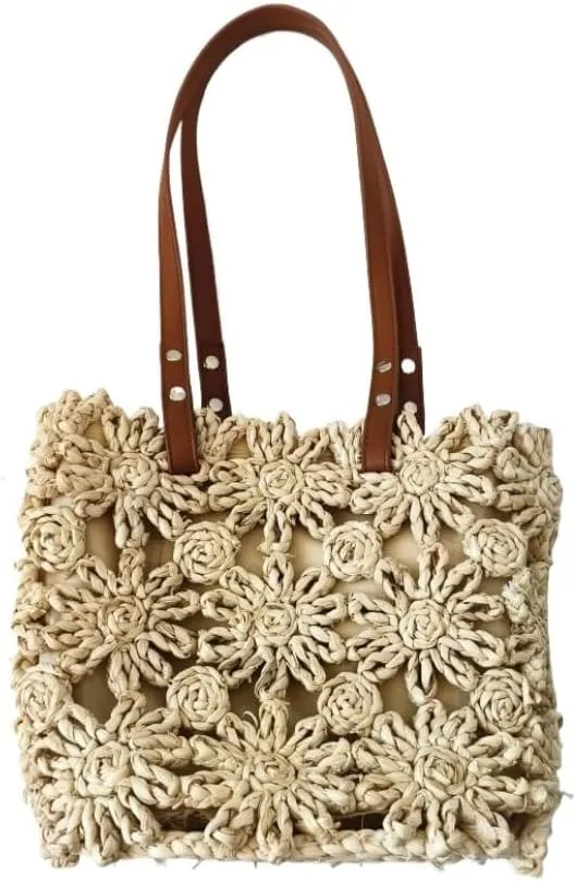 Handbag New Hand-Woven Straw Bag Hollow Bucket Bag Corn Husk Braid Sewn Handbag in Stock Straw Bags Handbag(Beige)
