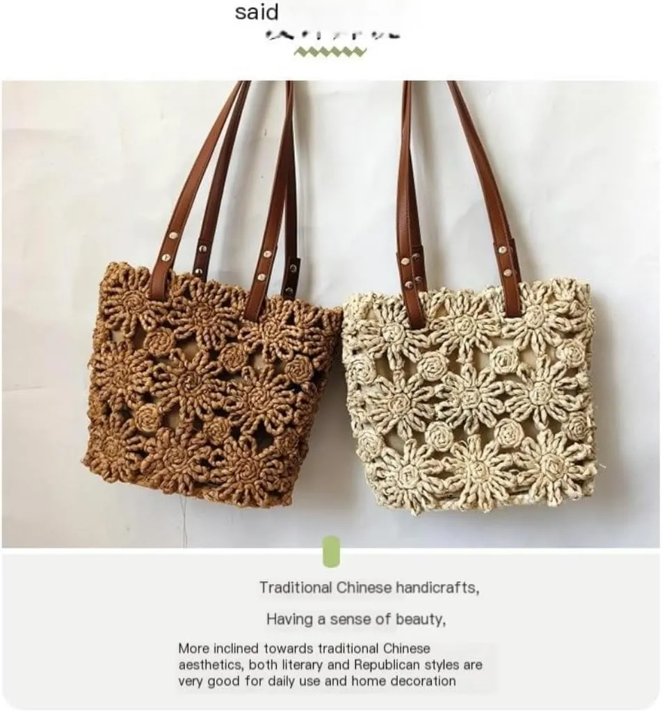 Handbag New Hand-Woven Straw Bag Hollow Bucket Bag Corn Husk Braid Sewn Handbag in Stock Straw Bags Handbag(Beige)