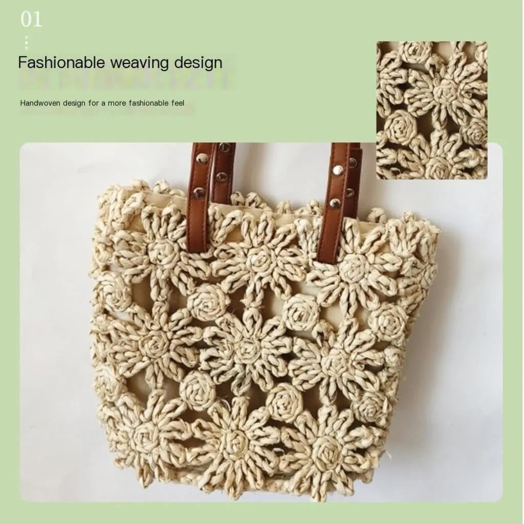 Handbag New Hand-Woven Straw Bag Hollow Bucket Bag Corn Husk Braid Sewn Handbag in Stock Straw Bags Handbag(Beige)