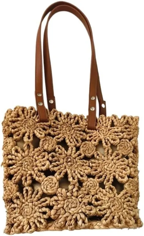 Handbag New Hand-Woven Straw Bag Hollow Bucket Bag Corn Husk Braid Sewn Handbag in Stock Straw Bags(Brown)