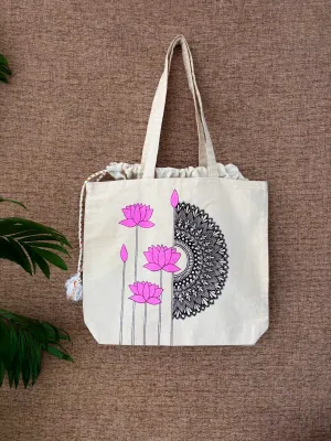 Handpainted balloon tote bag- Pink Lotus design with Mandala art