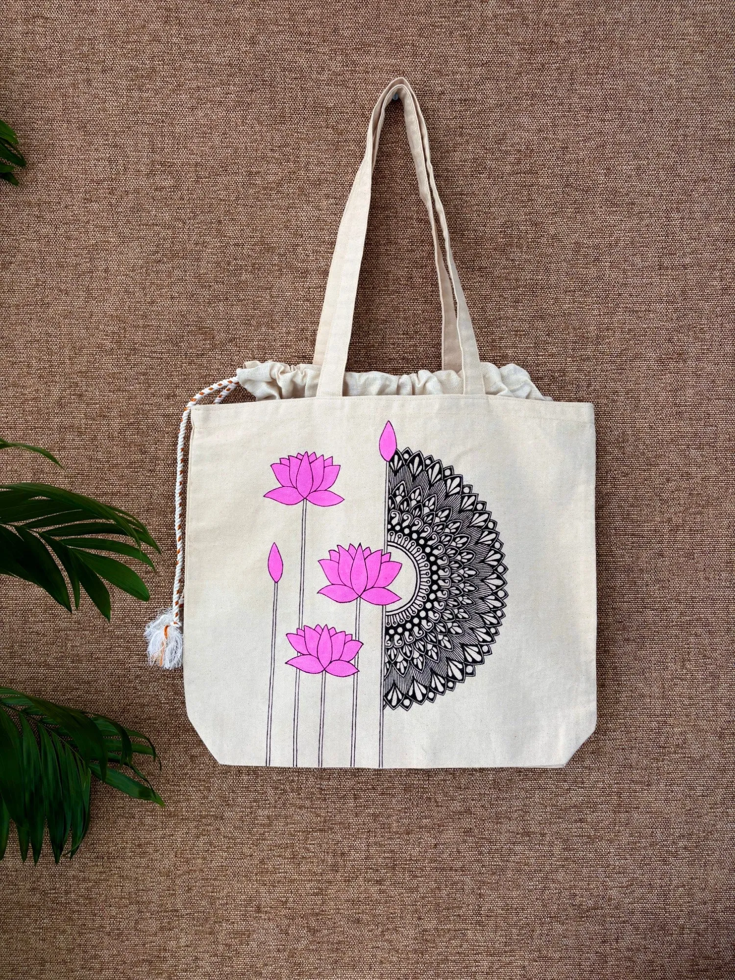 Handpainted balloon tote bag- Pink Lotus design with Mandala art