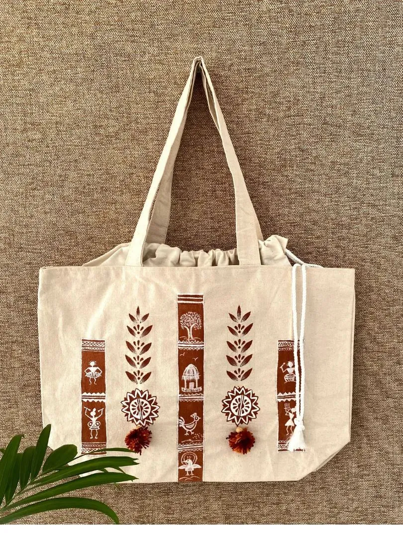 Handpainted balloon tote bag- Warli art design