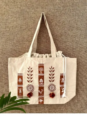 Handpainted balloon tote bag- Warli art design