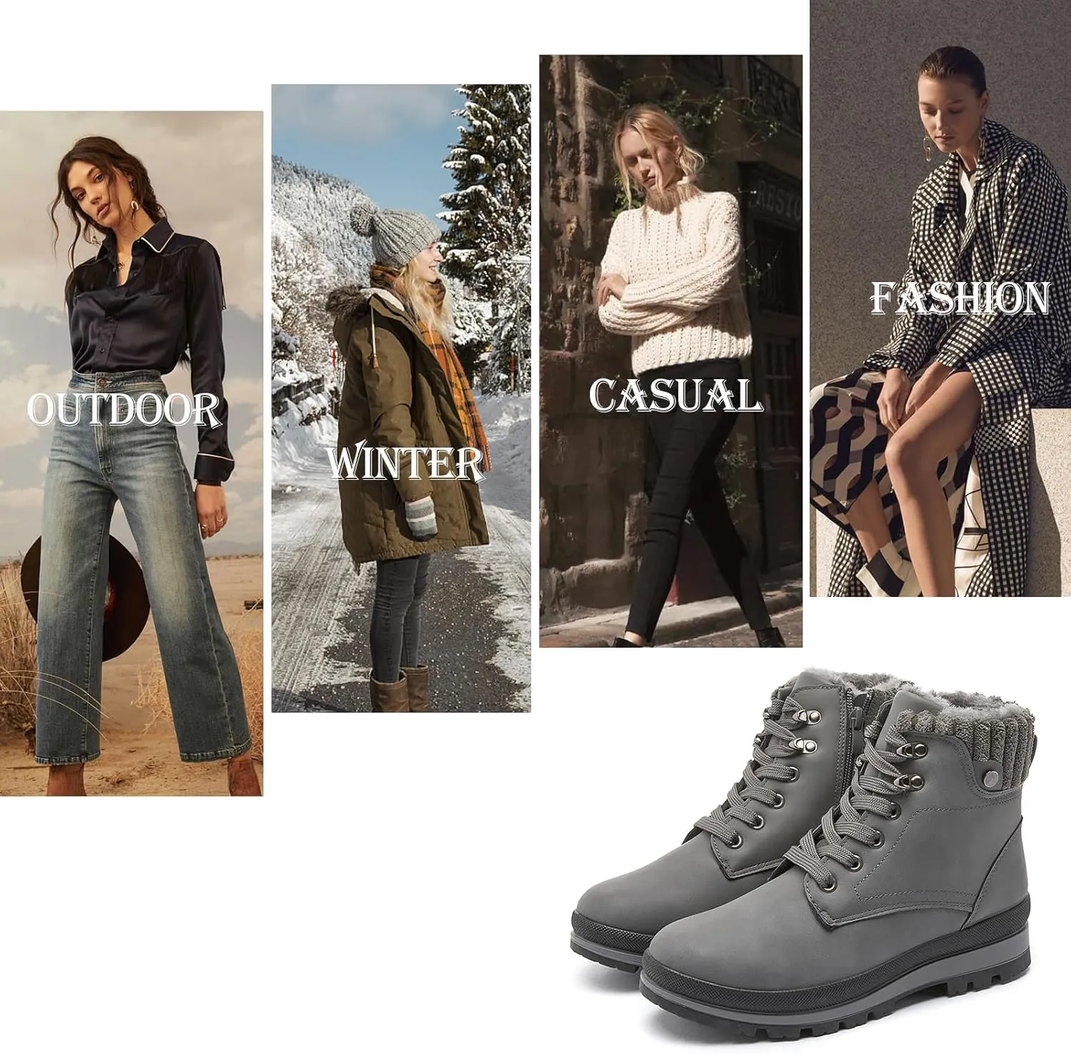 hash bubbie Women's White Combat Boots Black Platform Boots Non Slip Waterproof Ankle Boots Fall Winter Hiking Boots Fuzzy Snow Boots for women with Zipper