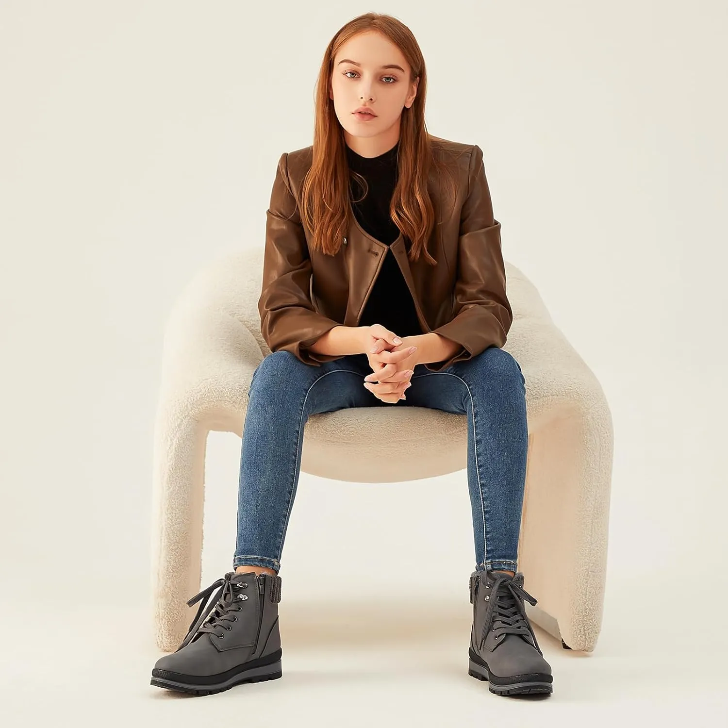hash bubbie Women's White Combat Boots Black Platform Boots Non Slip Waterproof Ankle Boots Fall Winter Hiking Boots Fuzzy Snow Boots for women with Zipper