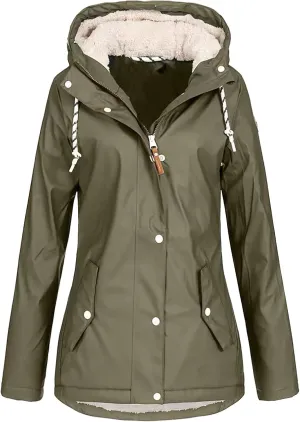 Hasta Womens Rain Jackets Waterproof Hood Thickened Long Rain Coats Fleece Warm Windbreaker Winter Outdoor Snow Trench Coats