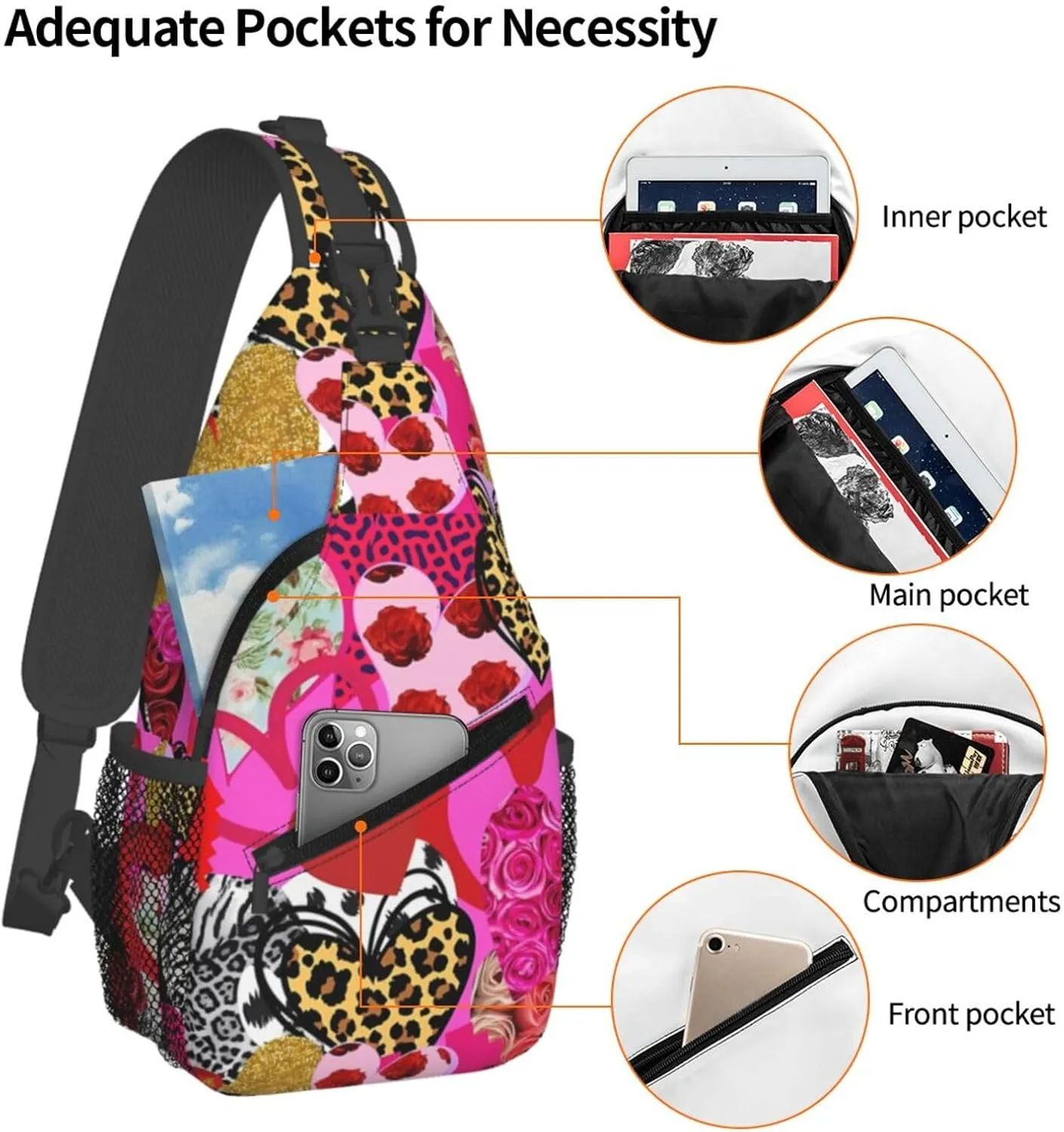 Heart Collage Happy Valentine'S Day Chest Sling Bag Crossbody Shoulder Backpack Bag Gym Cycling Daypack Travel Hiking Cross Bag