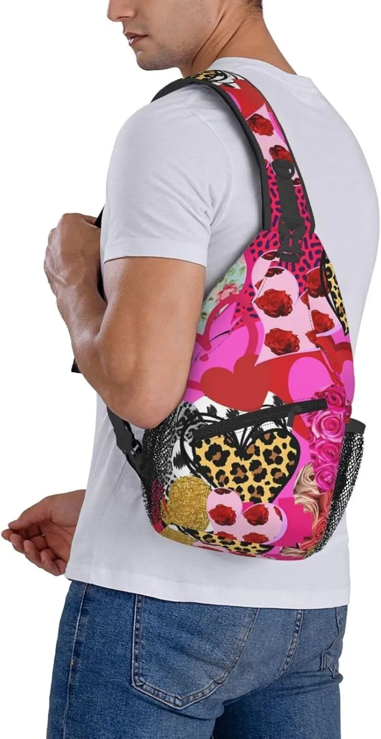 Heart Collage Happy Valentine's Day Crossbody Bag Cross Chest Bag Adjustable Sling Backpack Sports Gym Shoulder Bags Travel Cycling Daypack Diagonally Casual Rucksack
