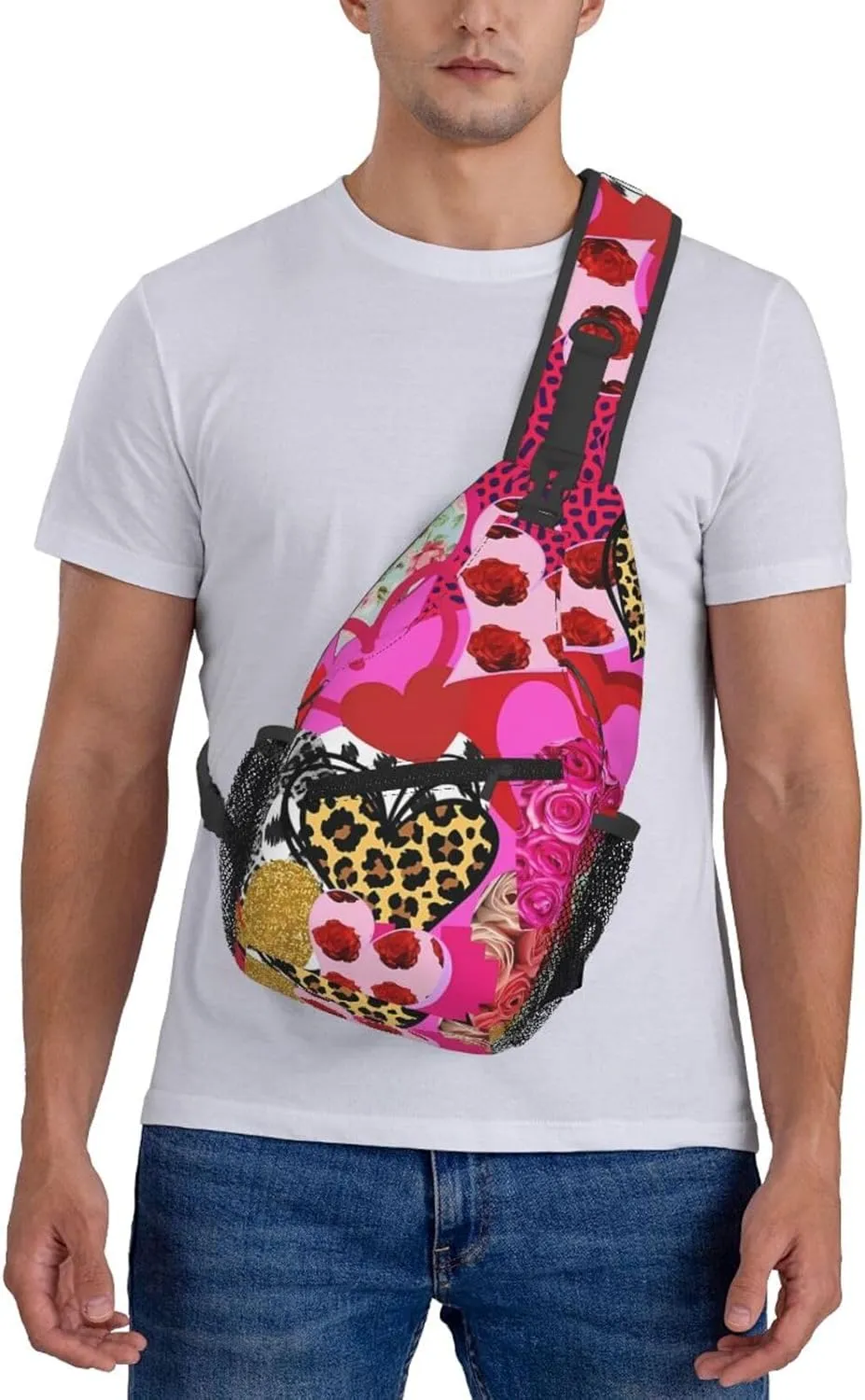 Heart Collage Happy Valentine's Day Crossbody Bag Cross Chest Bag Adjustable Sling Backpack Sports Gym Shoulder Bags Travel Cycling Daypack Diagonally Casual Rucksack
