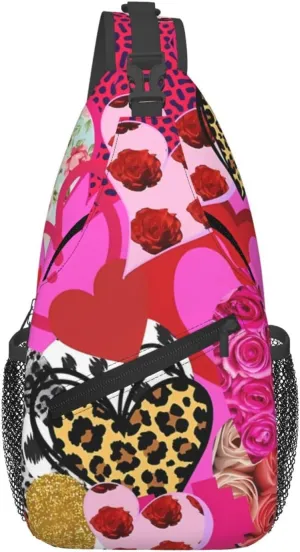 Heart Collage Happy Valentine's Day Crossbody Bag Cross Chest Bag Adjustable Sling Backpack Sports Gym Shoulder Bags Travel Cycling Daypack Diagonally Casual Rucksack