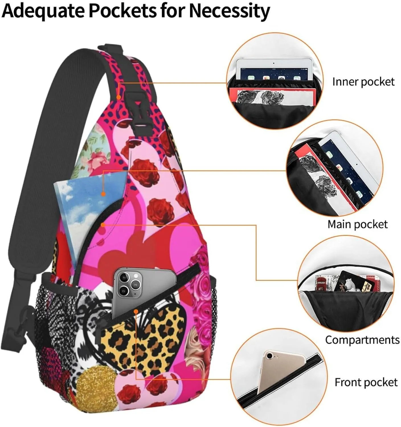 Heart Collage Happy Valentine's Day Crossbody Bag Cross Chest Bag Adjustable Sling Backpack Sports Gym Shoulder Bags Travel Cycling Daypack Diagonally Casual Rucksack