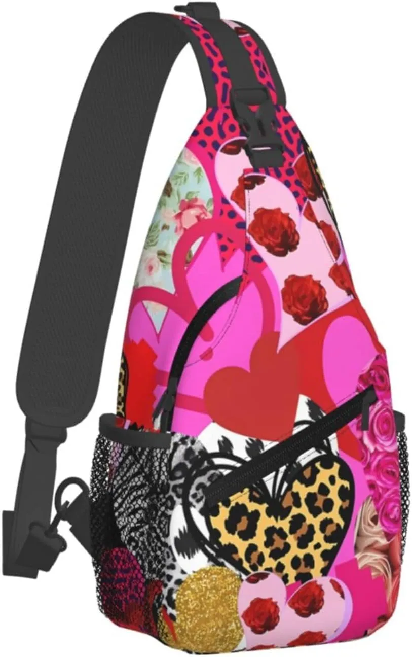 Heart Collage Happy Valentine's Day Crossbody Bag Cross Chest Bag Adjustable Sling Backpack Sports Gym Shoulder Bags Travel Cycling Daypack Diagonally Casual Rucksack