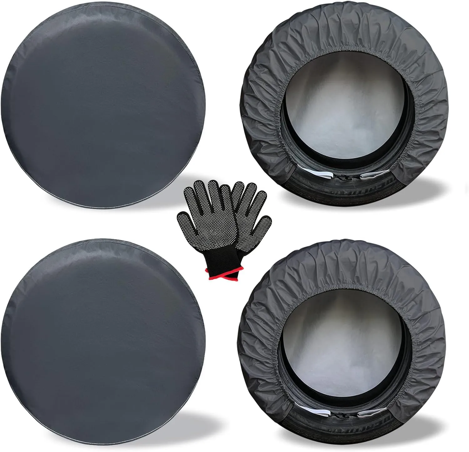 Heavy Duty Rv Tire Covers Set of 4, Tough Waterproof Wheel Covers for Boat Trailer Camper Truck Motorhome Van SUV Jeep Car, Sun Rain Wheel Protecter, 33-35 Inch Tire Diameter, Gloves