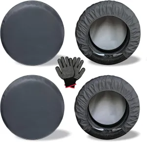 Heavy Duty Rv Tire Covers Set of 4, Tough Waterproof Wheel Covers for Boat Trailer Camper Truck Motorhome Van SUV Jeep Car, Sun Rain Wheel Protecter, 33-35 Inch Tire Diameter, Gloves