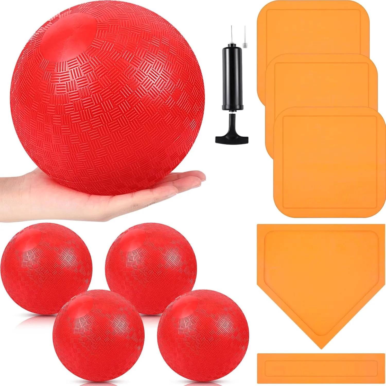 Hiboom 10 Pcs Kickball Set Includes 10 Inches Dodgeball Playground Balls 5 Rubber Throw Down Bases Needles and Ball Pump for Boys Girls Adults Backyard Game Camps Picnic Schoolyard Summer