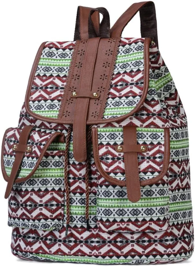 Hippie Canvas Women Backpack Purse- Boho Style Ethnic Drawstring Causal Double Shoulder Vintage Travel Daypack (Green), Large