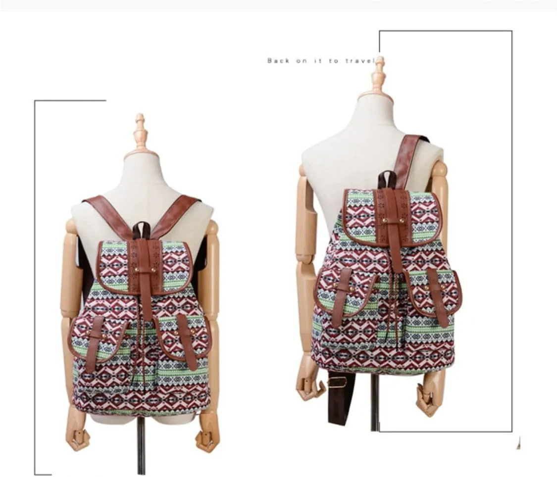 Hippie Canvas Women Backpack Purse- Boho Style Ethnic Drawstring Causal Double Shoulder Vintage Travel Daypack (Green), Large