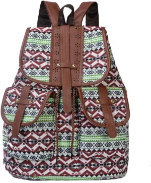 Hippie Canvas Women Backpack Purse- Boho Style Ethnic Drawstring Causal Double Shoulder Vintage Travel Daypack (Green), Large