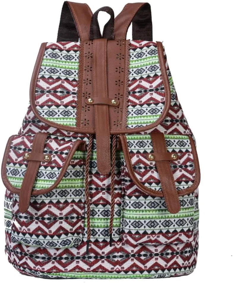 Hippie Canvas Women Backpack Purse- Boho Style Ethnic Drawstring Causal Double Shoulder Vintage Travel Daypack (Green), Large