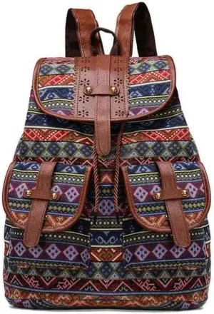 Hippie Canvas Women Backpack Purse- Boho Style Ethnic Drawstring Causal Double Shoulder Vintage Travel Daypack (Landscape), Large