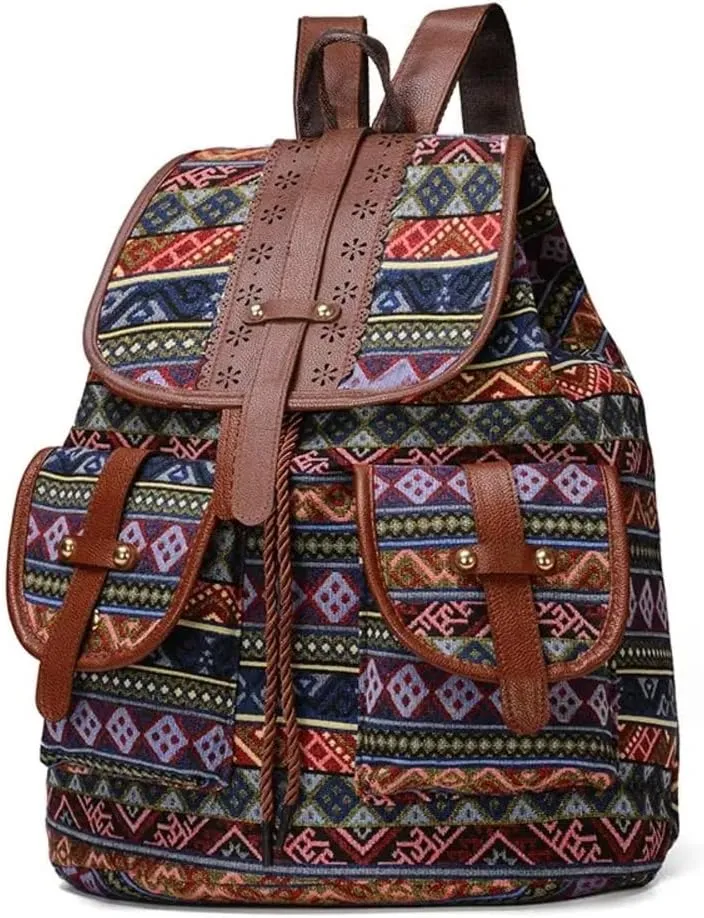 Hippie Canvas Women Backpack Purse- Boho Style Ethnic Drawstring Causal Double Shoulder Vintage Travel Daypack (Landscape), Large