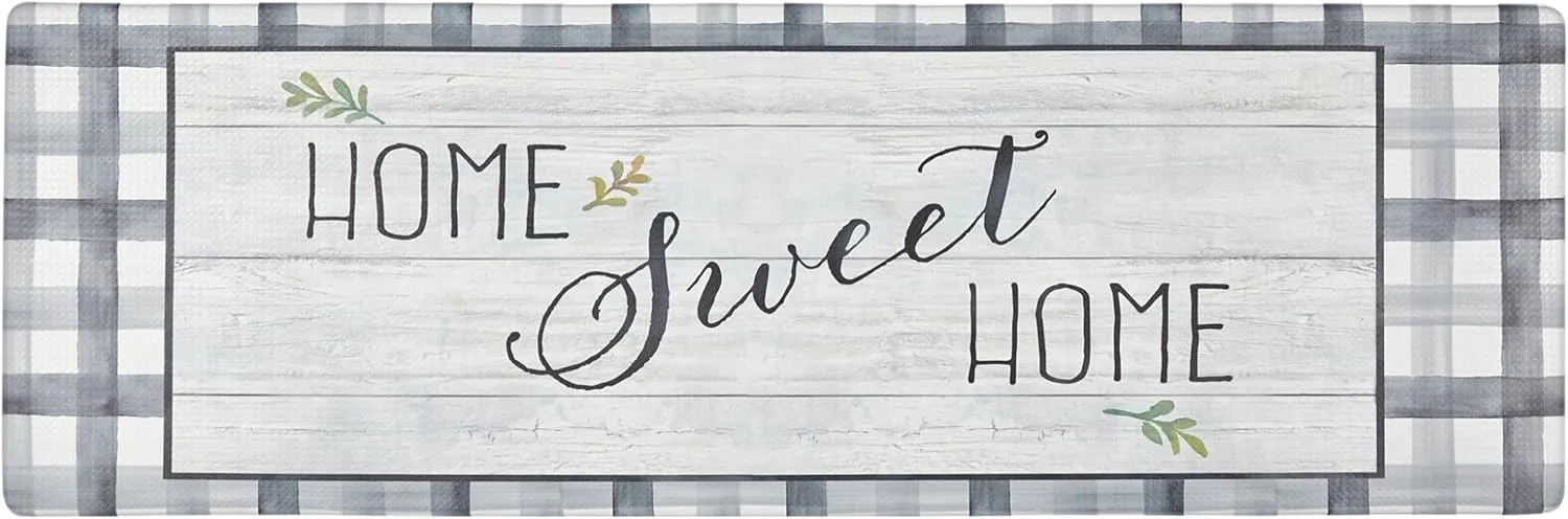 Home Dynamix Cozy Living Home Sweet Home Farmhouse Buffalo Check Border Runner Anti-Fatigue Kitchen Mat, Non-Slip Floor Mat, Padded Standing Desk Mat, Grey/Green, 17.5"x55"