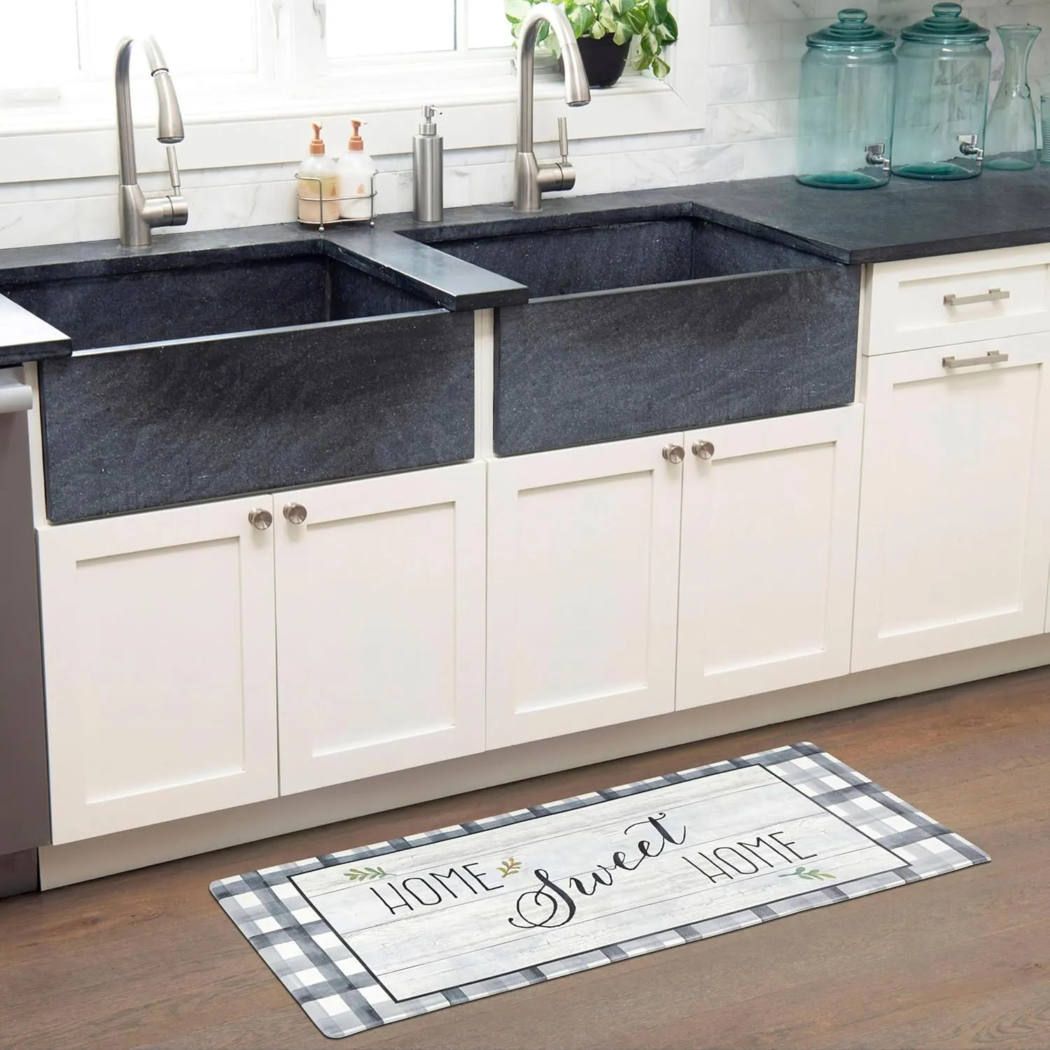 Home Dynamix Cozy Living Home Sweet Home Farmhouse Buffalo Check Border Runner Anti-Fatigue Kitchen Mat, Non-Slip Floor Mat, Padded Standing Desk Mat, Grey/Green, 17.5"x55"