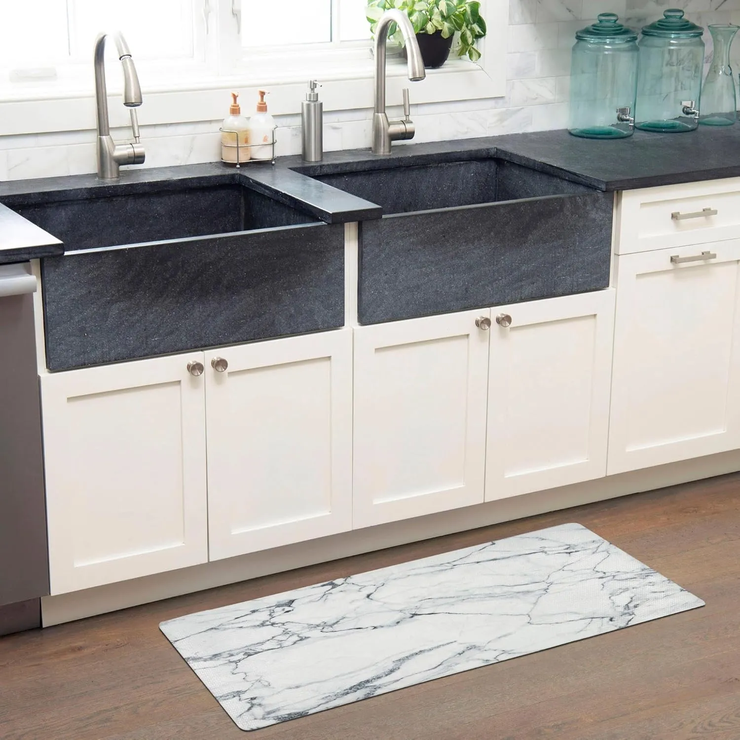 Home Dynamix Cozy Living Modern Marble Runner Anti-Fatigue Kitchen Mat, Non-Slip Floor Mat, Padded Standing Desk Mat, Grey/White, 17.5"x55"