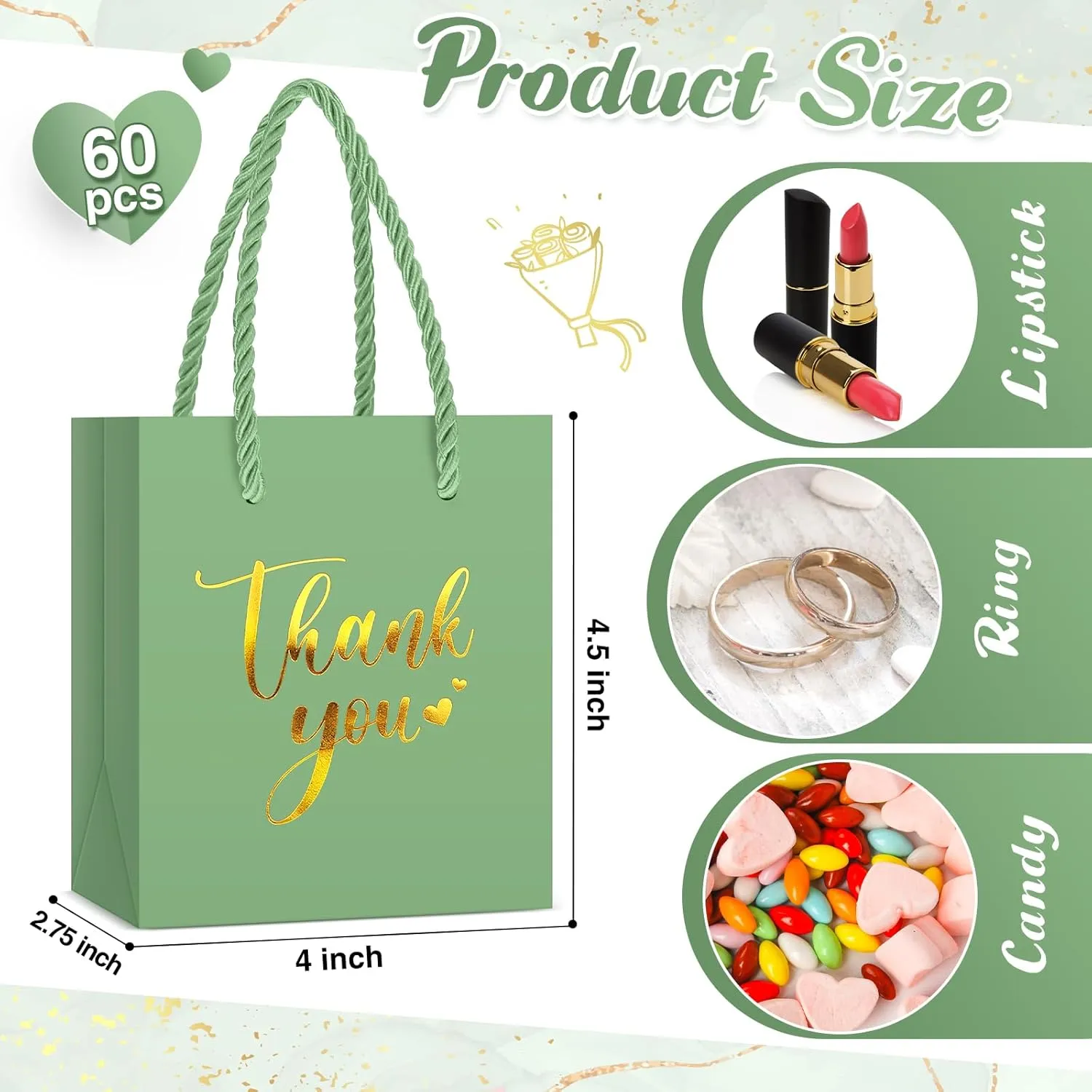 Honoson 60 Pcs Mini Gift Bag with Handle 4 x 2.75 x 4.5'' Small Thank You Paper Foil Gift Bag for Wedding Birthday Party Favor(Light Green)