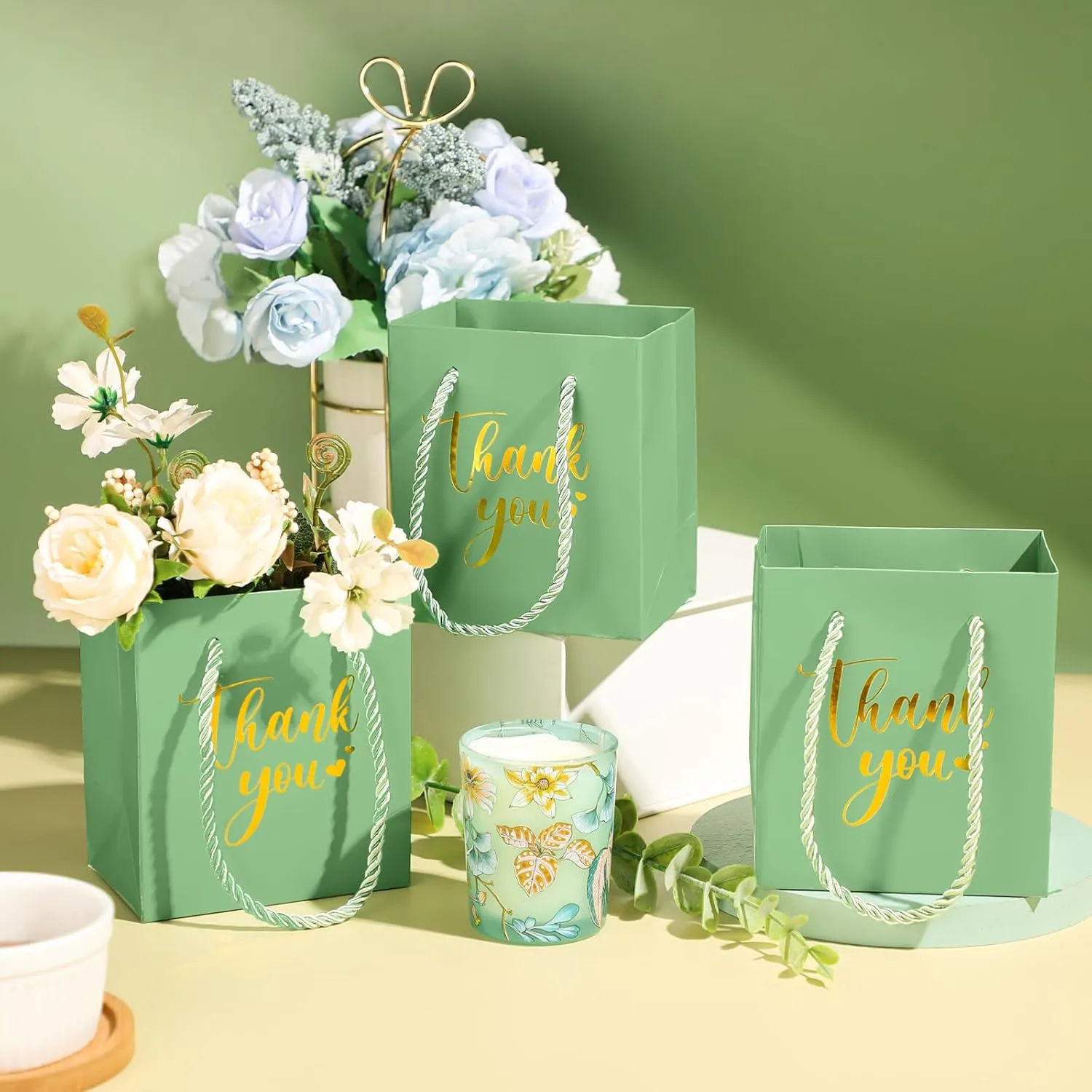 Honoson 60 Pcs Mini Gift Bag with Handle 4 x 2.75 x 4.5'' Small Thank You Paper Foil Gift Bag for Wedding Birthday Party Favor(Light Green)