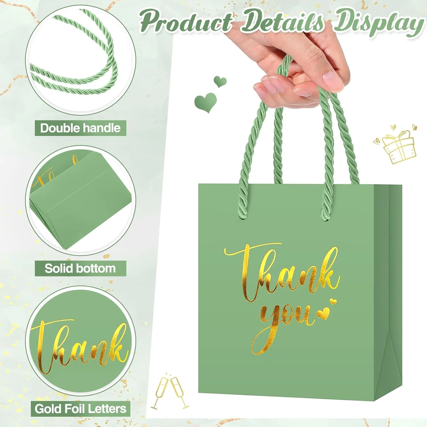 Honoson 60 Pcs Mini Gift Bag with Handle 4 x 2.75 x 4.5'' Small Thank You Paper Foil Gift Bag for Wedding Birthday Party Favor(Light Green)