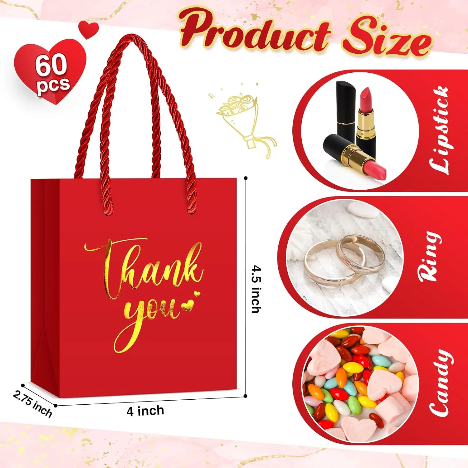 Honoson 60 Pcs Mini Gift Bag with Handle 4 x 2.75 x 4.5'' Small Thank You Paper Foil Gift Bag for Wedding Birthday Party Favor(Red)