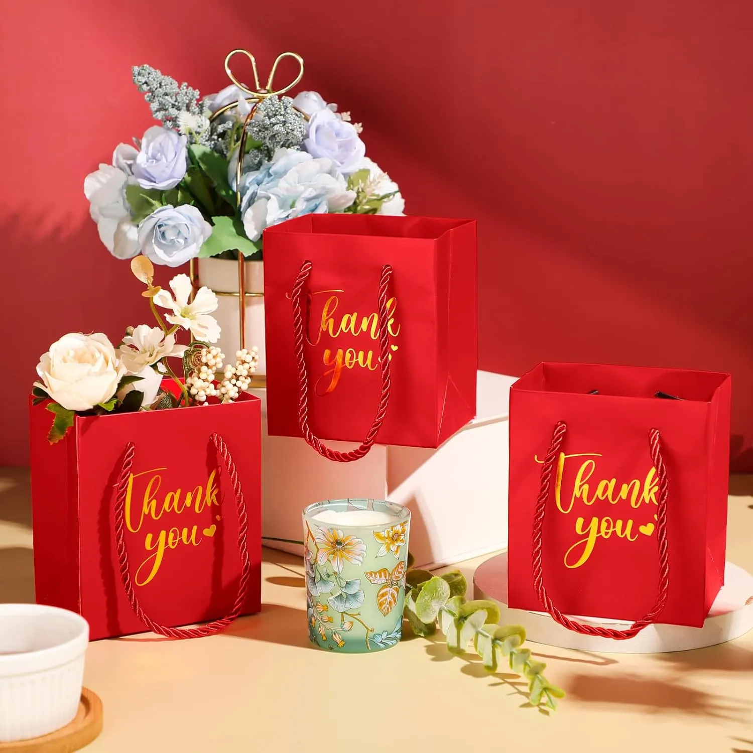 Honoson 60 Pcs Mini Gift Bag with Handle 4 x 2.75 x 4.5'' Small Thank You Paper Foil Gift Bag for Wedding Birthday Party Favor(Red)