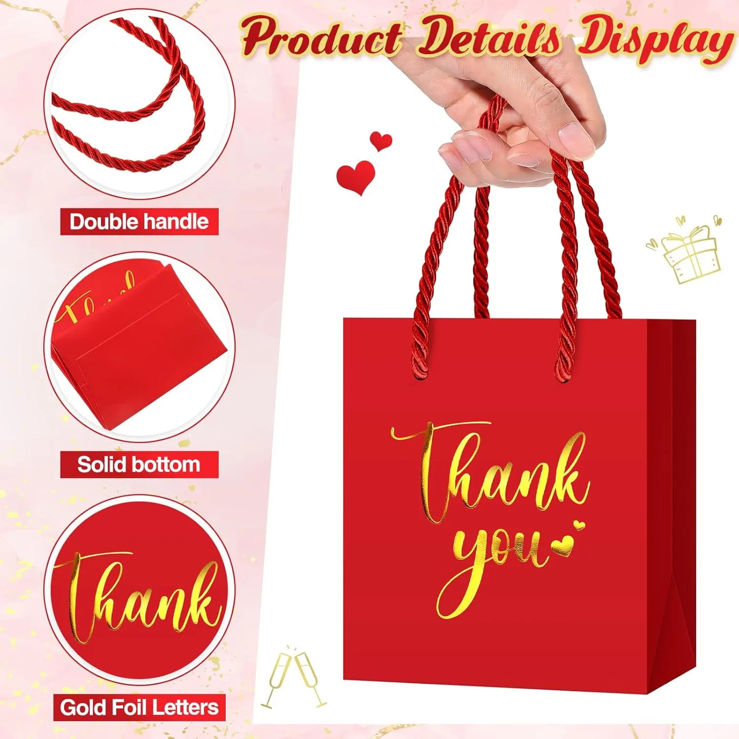 Honoson 60 Pcs Mini Gift Bag with Handle 4 x 2.75 x 4.5'' Small Thank You Paper Foil Gift Bag for Wedding Birthday Party Favor(Red)