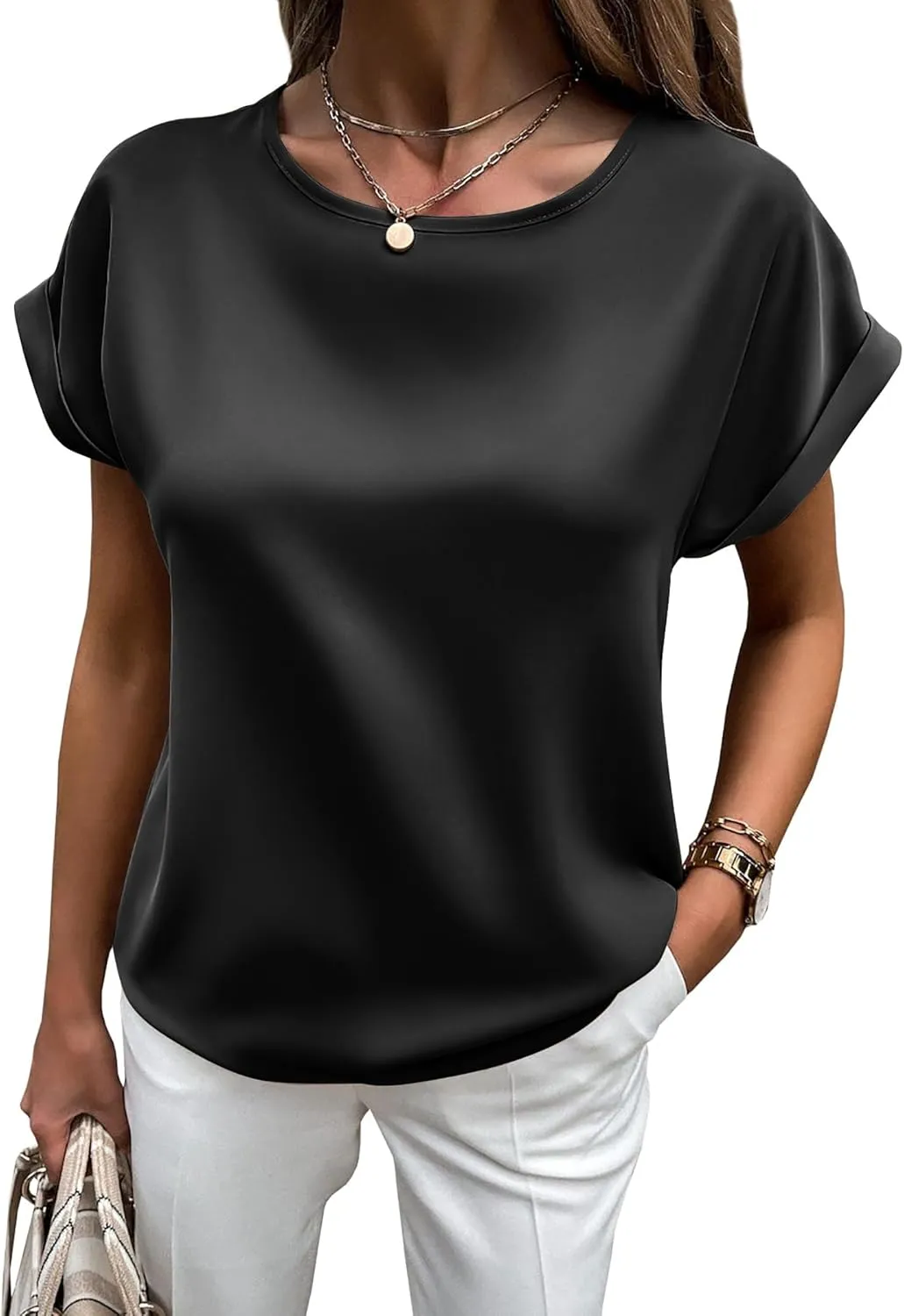 HOTOUCH Women's Short Sleeve Pullover Blouses Satin Silk Shirts Casual Loose Work Tunic Tops