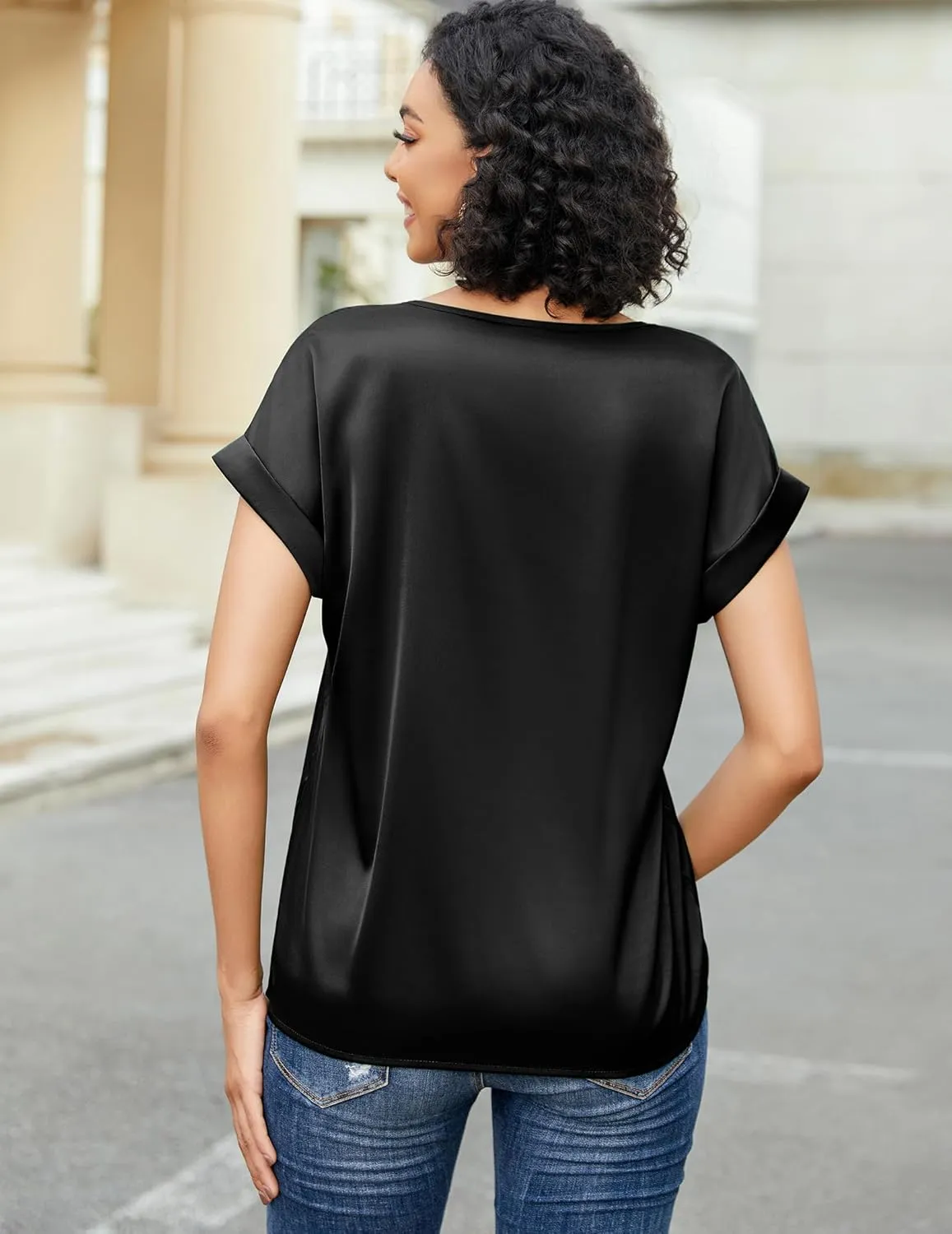 HOTOUCH Women's Short Sleeve Pullover Blouses Satin Silk Shirts Casual Loose Work Tunic Tops