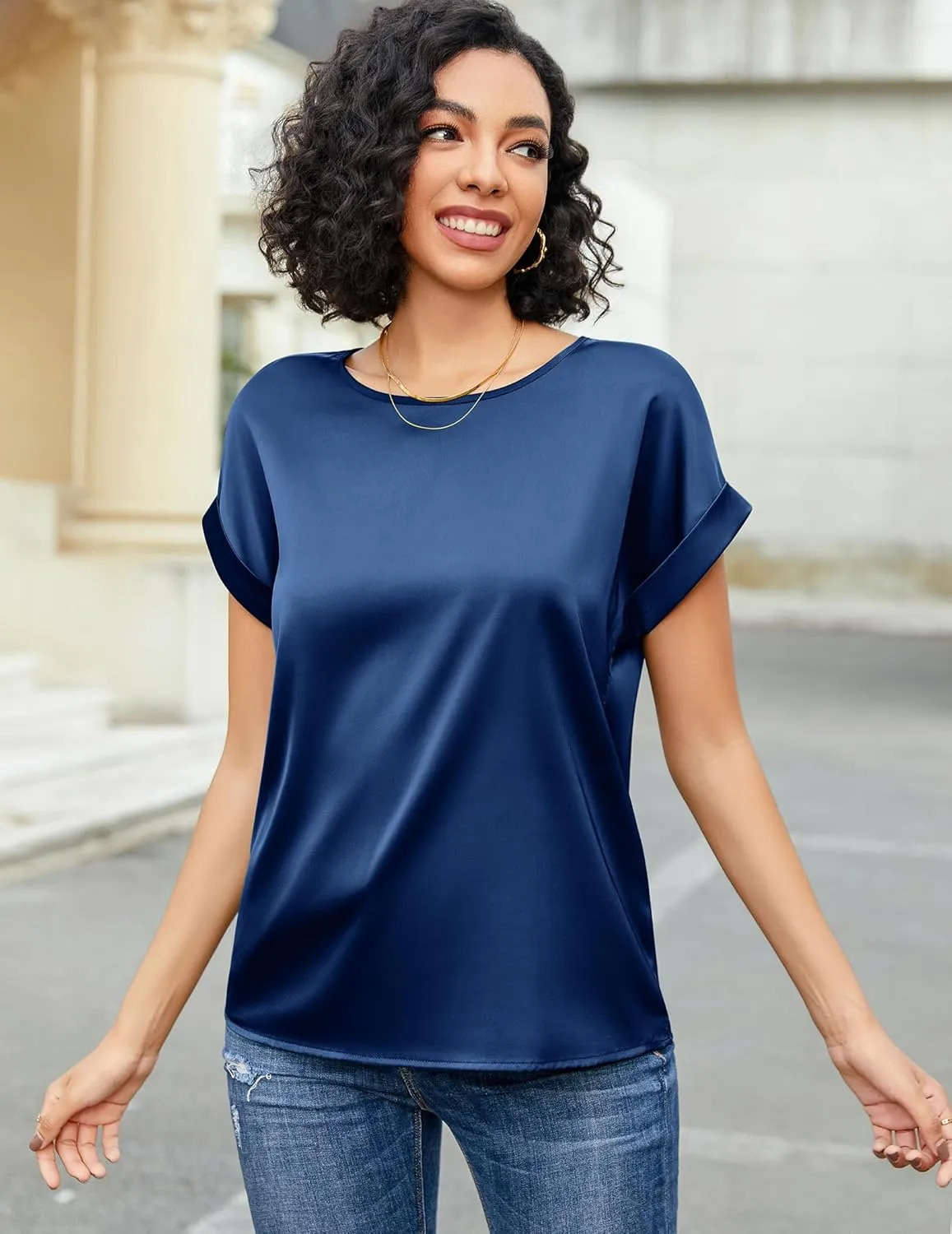 HOTOUCH Women's Short Sleeve Pullover Blouses Satin Silk Shirts Casual Loose Work Tunic Tops