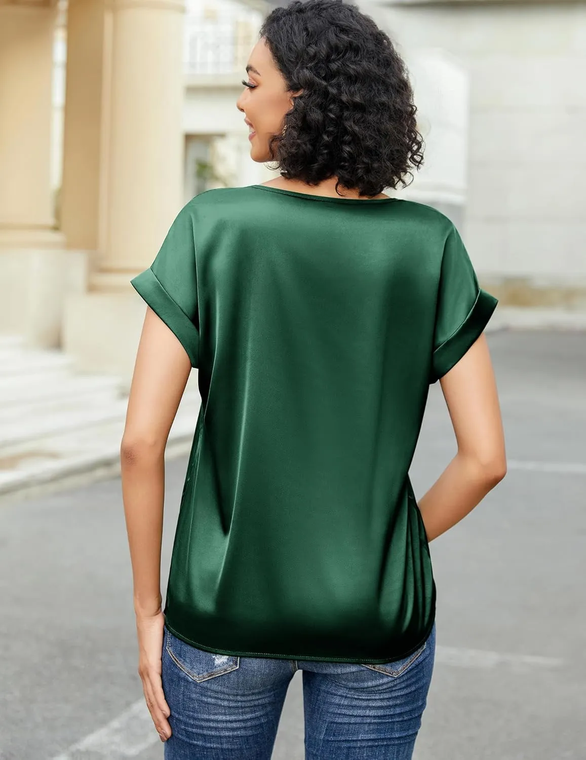 HOTOUCH Women's Short Sleeve Pullover Blouses Satin Silk Shirts Casual Loose Work Tunic Tops