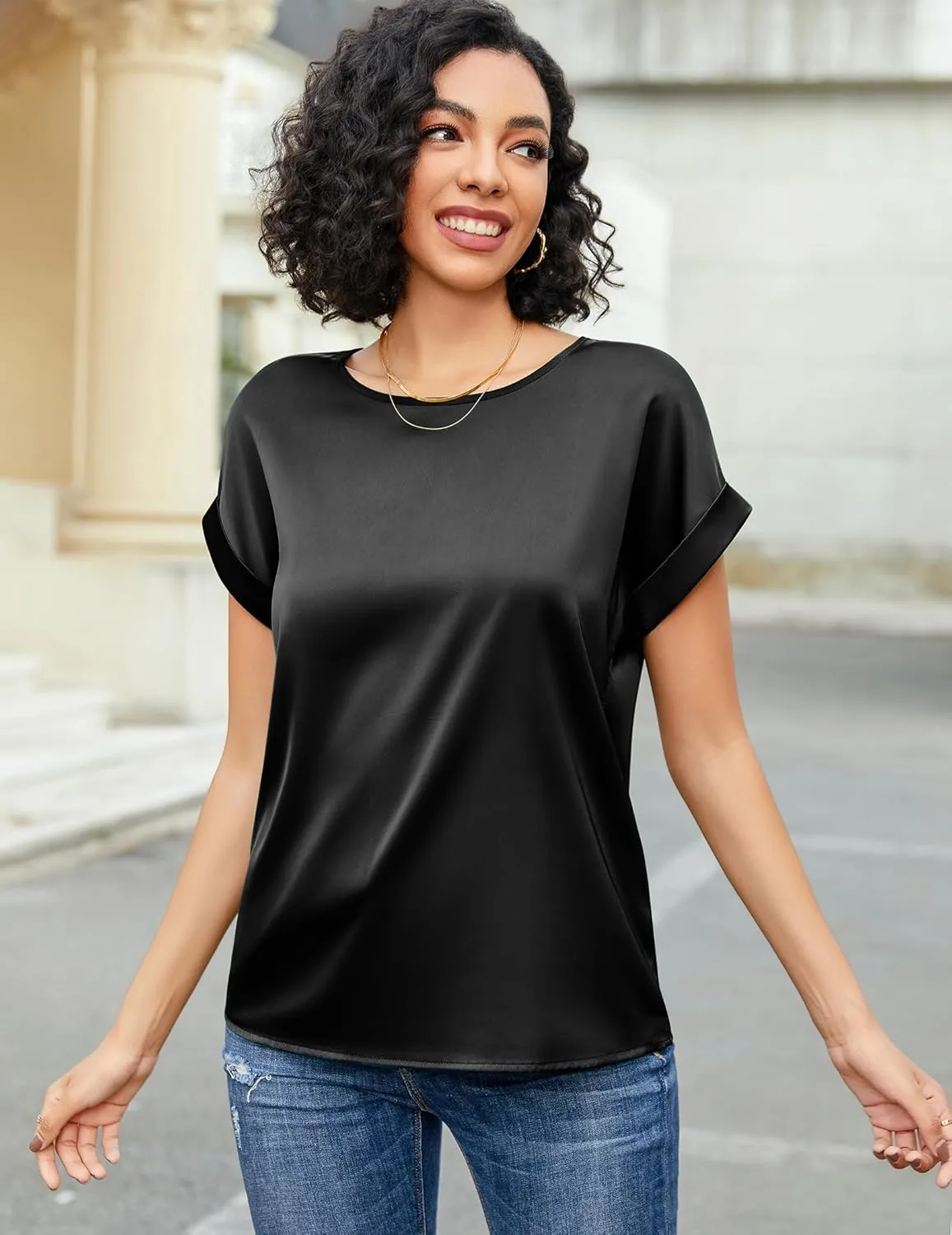 HOTOUCH Women's Short Sleeve Pullover Blouses Satin Silk Shirts Casual Loose Work Tunic Tops