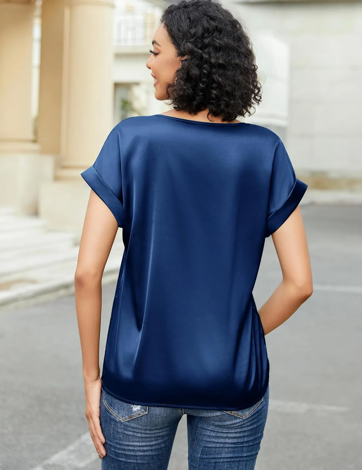 HOTOUCH Women's Short Sleeve Pullover Blouses Satin Silk Shirts Casual Loose Work Tunic Tops