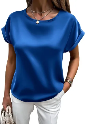 HOTOUCH Women's Short Sleeve Pullover Blouses Satin Silk Shirts Casual Loose Work Tunic Tops