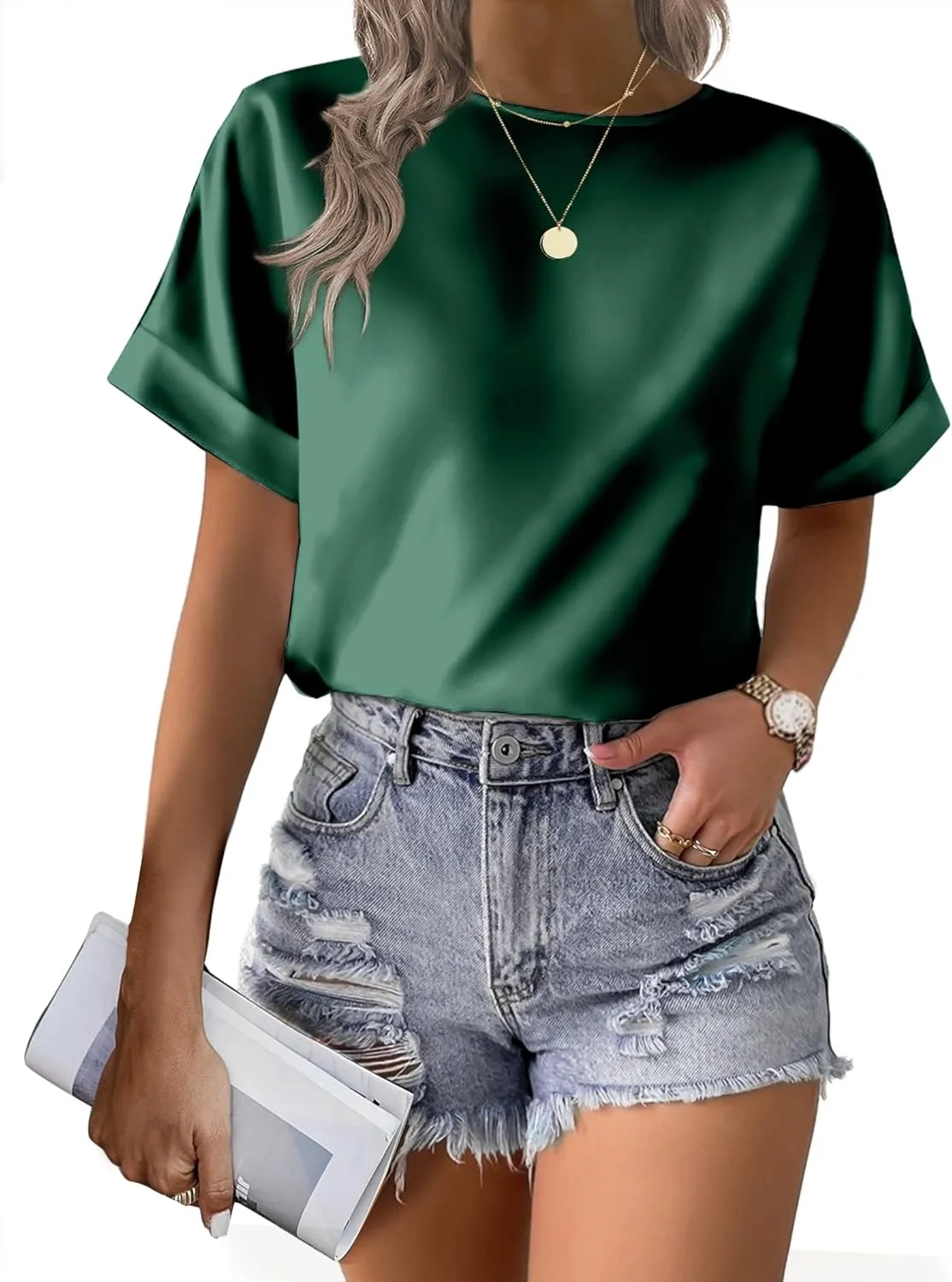 HOTOUCH Women's Short Sleeve Pullover Blouses Satin Silk Shirts Casual Loose Work Tunic Tops