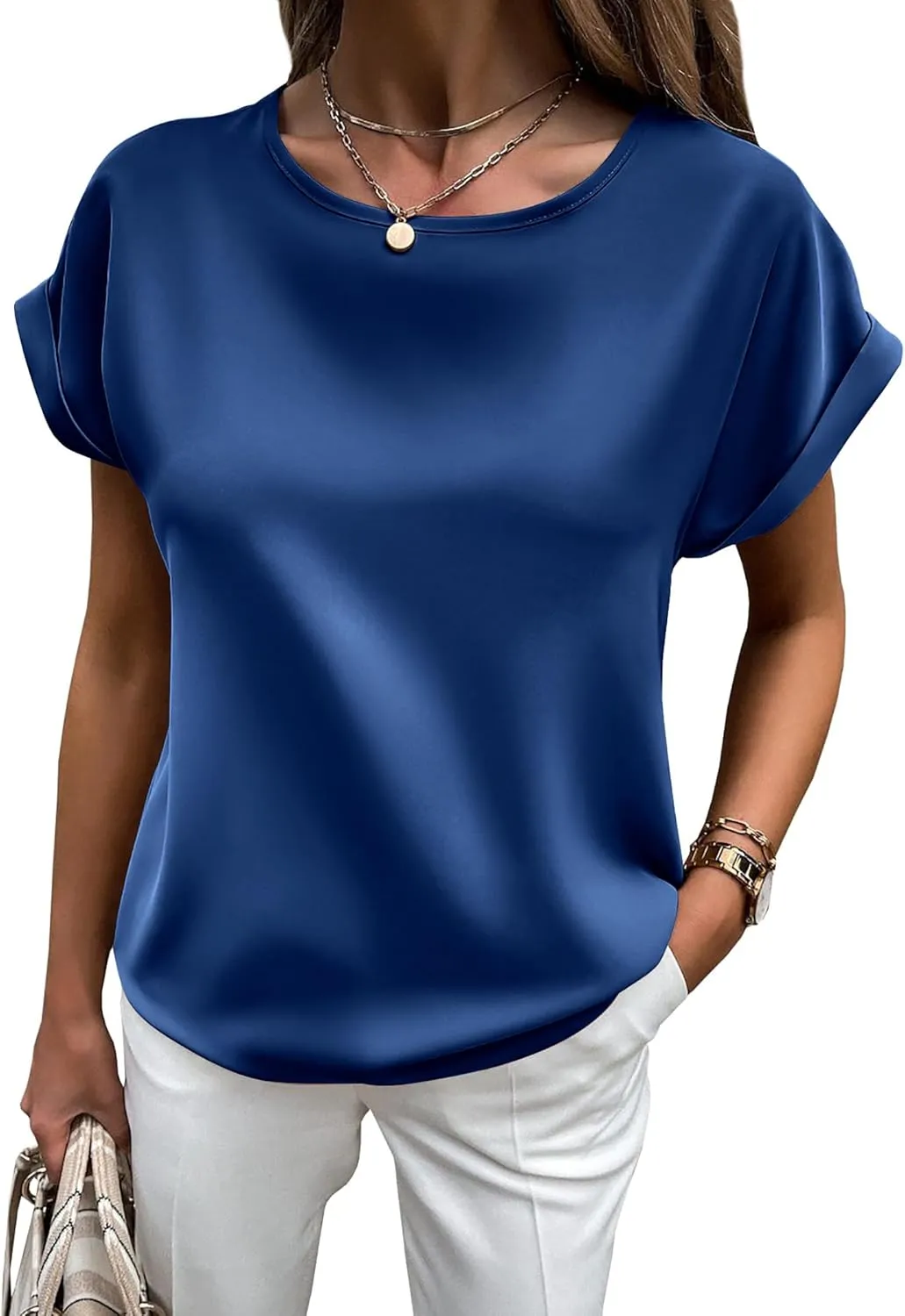 HOTOUCH Women's Short Sleeve Pullover Blouses Satin Silk Shirts Casual Loose Work Tunic Tops
