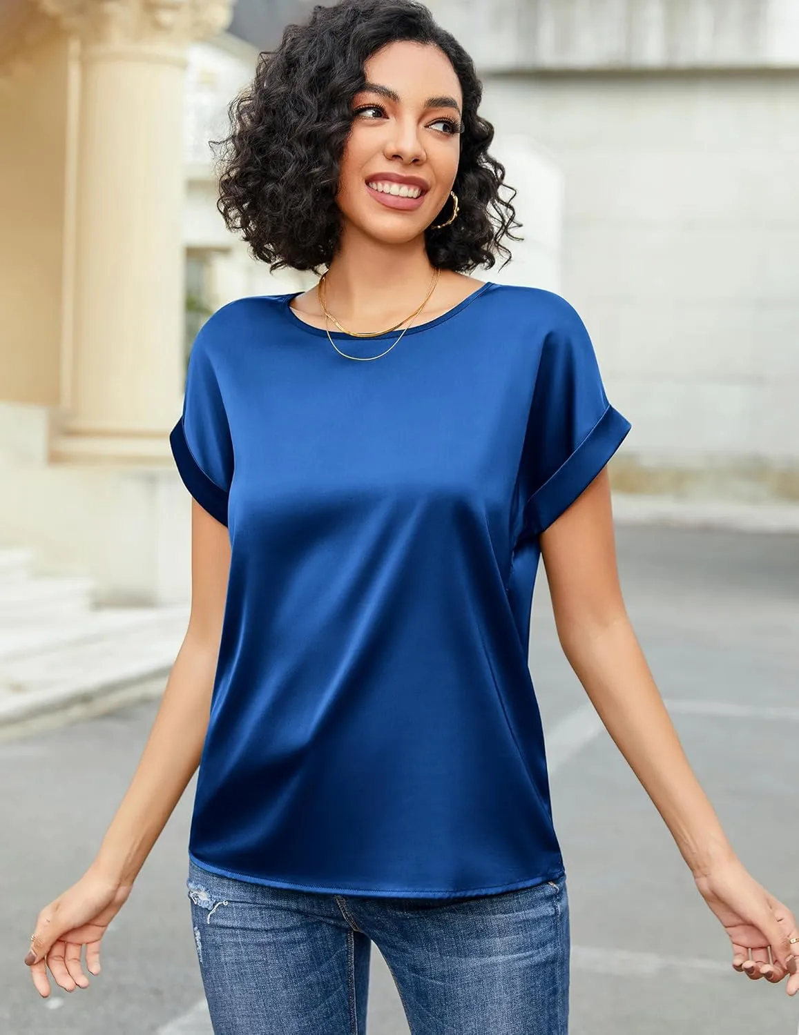 HOTOUCH Women's Short Sleeve Pullover Blouses Satin Silk Shirts Casual Loose Work Tunic Tops