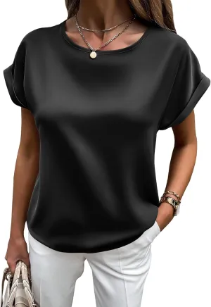 HOTOUCH Women's Short Sleeve Pullover Blouses Satin Silk Shirts Casual Loose Work Tunic Tops